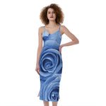 Bright Blue Rose Print Slim Fit Midi Cami Dress