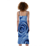Bright Blue Rose Print Slim Fit Midi Cami Dress