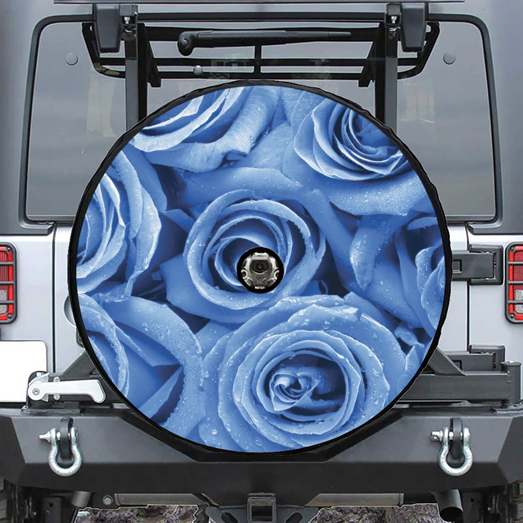 Bright Blue Rose Print Tire Cover With Camera Hole