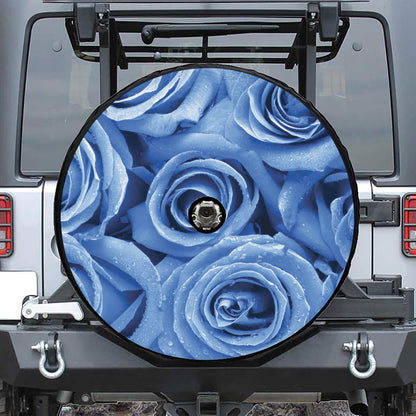 Bright Blue Rose Print Tire Cover With Camera Hole