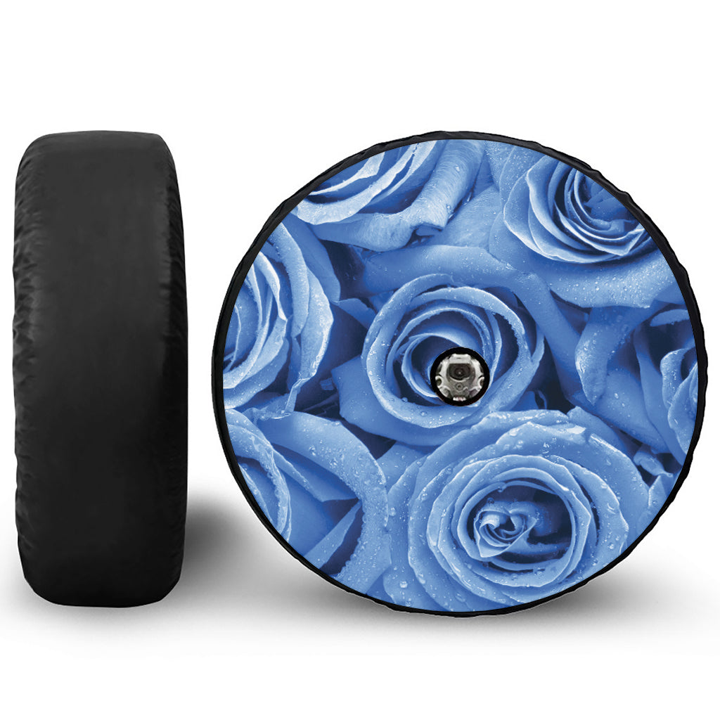Bright Blue Rose Print Tire Cover With Camera Hole