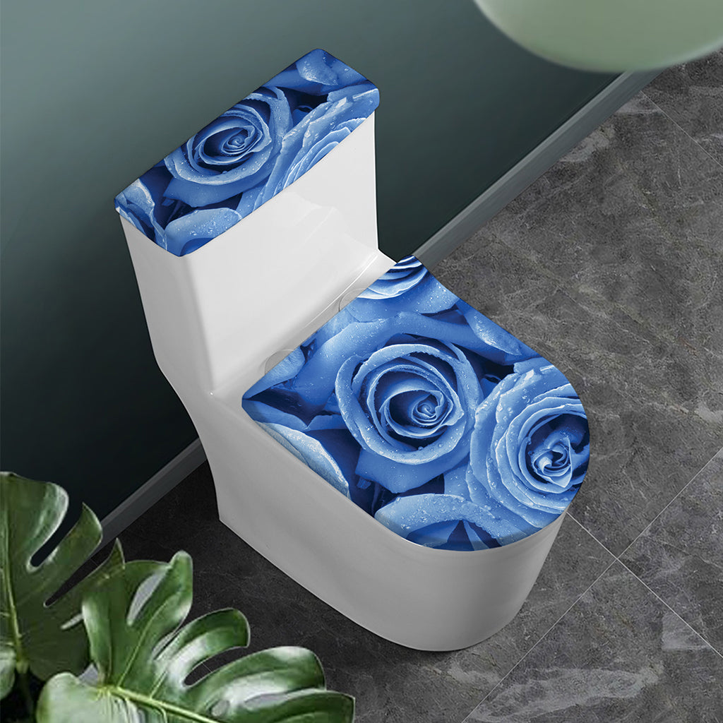 Bright Blue Rose Print Toilet Lid And Tank Cover Set