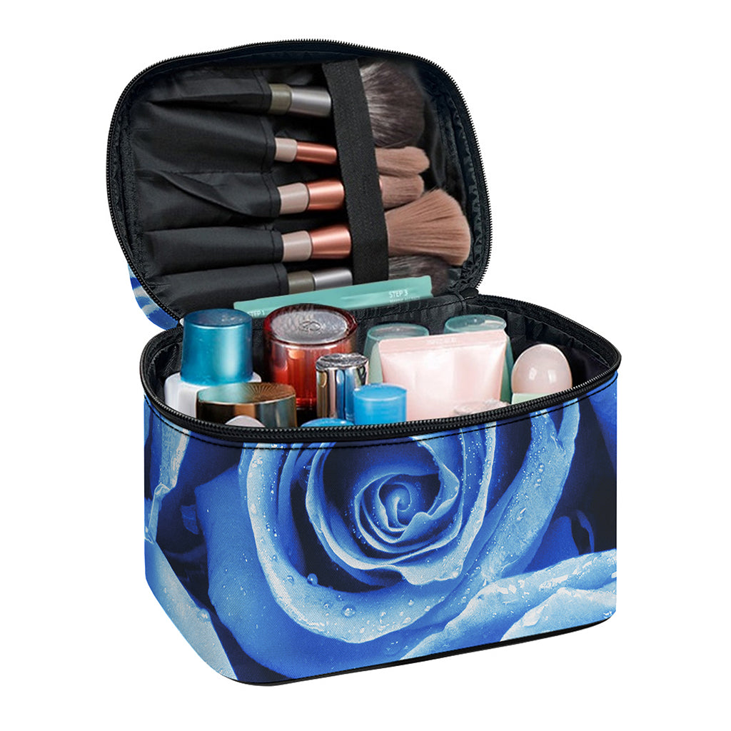 Bright Blue Rose Print Travel Makeup Bag