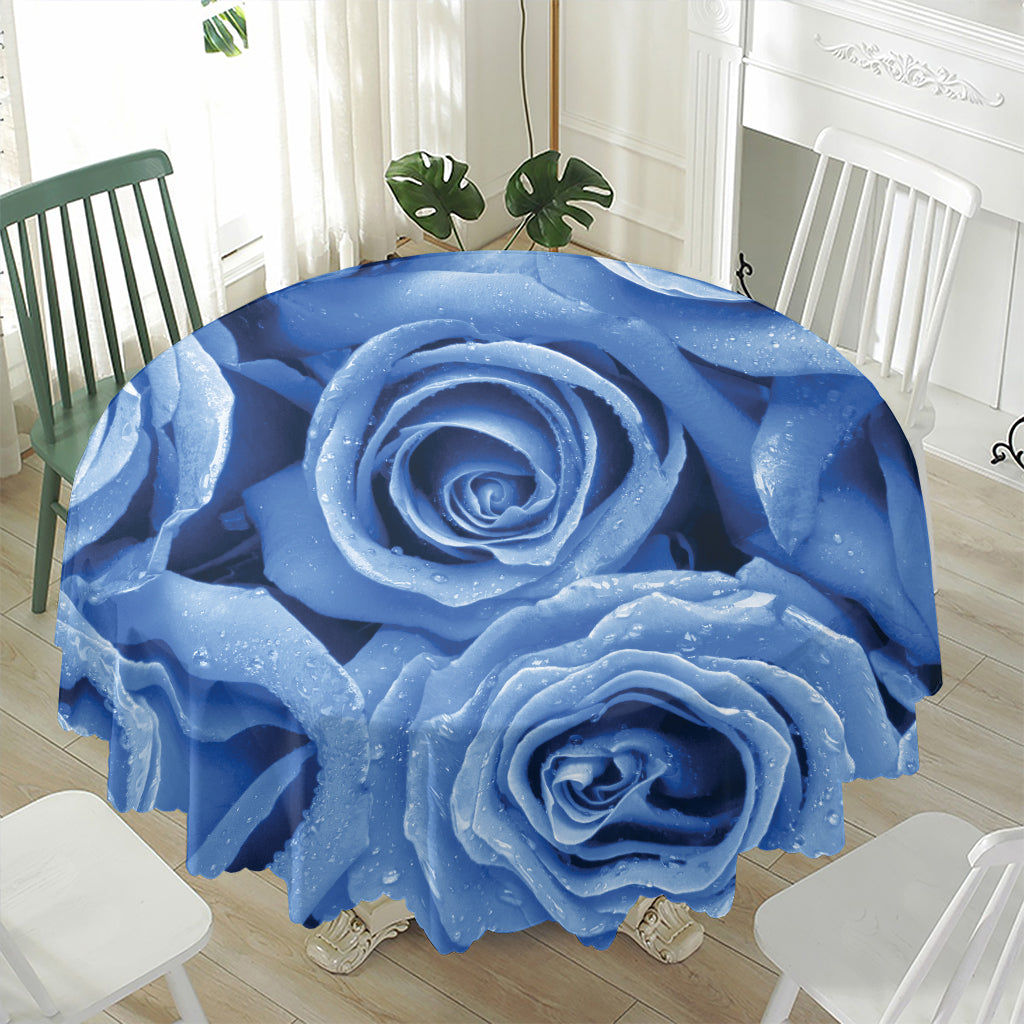 Bright Blue Rose Print Waterproof Round Tablecloth