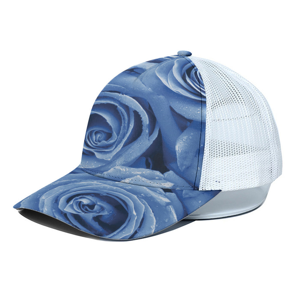 Bright Blue Rose Print White Mesh Trucker Cap