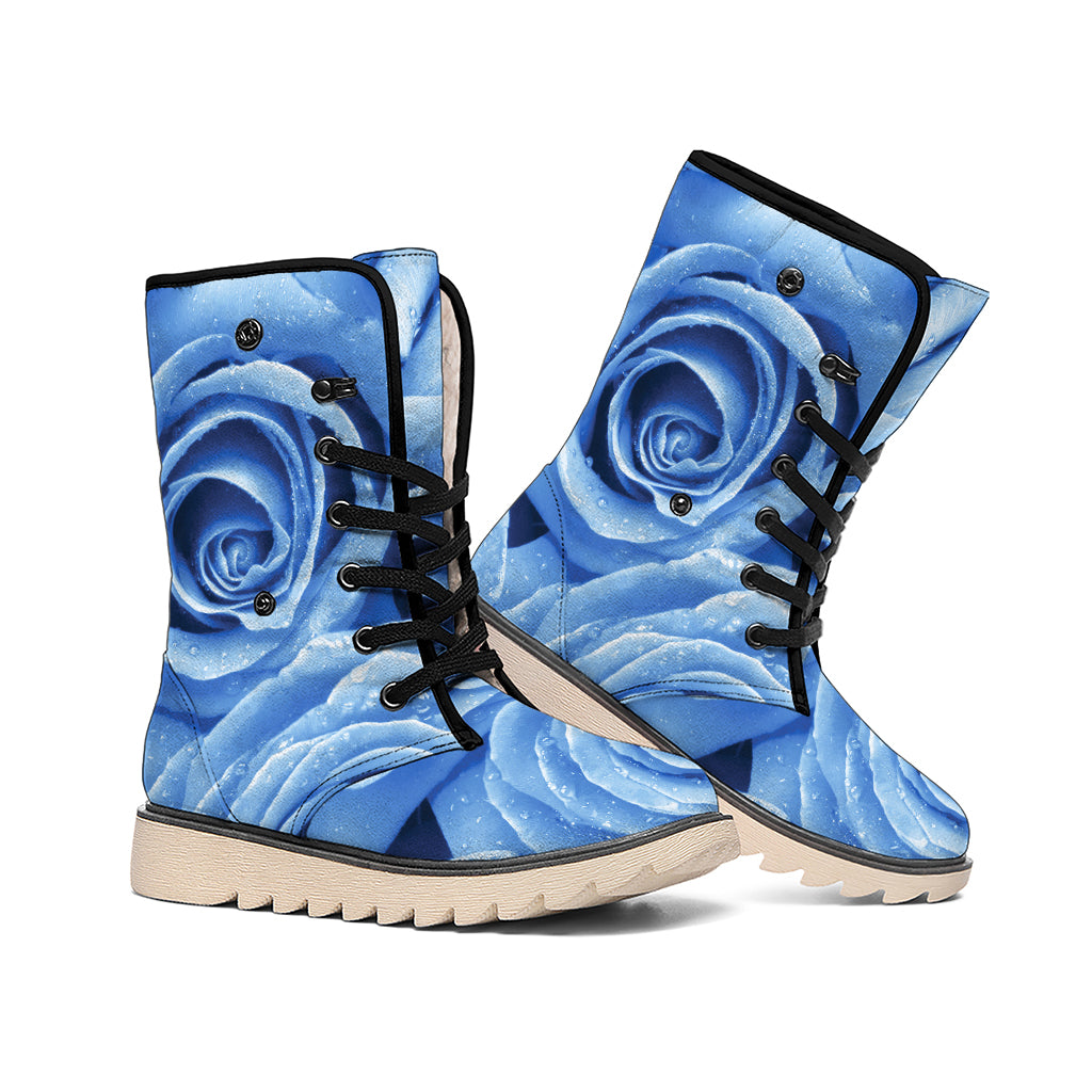 Bright Blue Rose Print Winter Boots