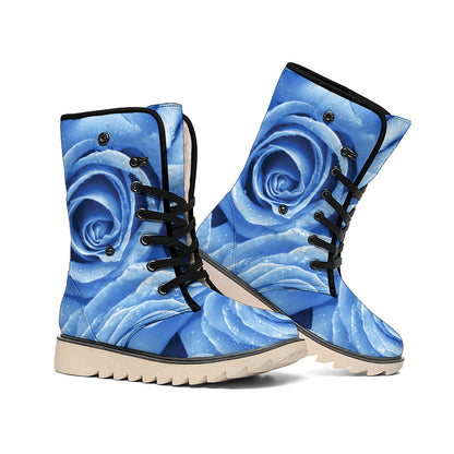 Bright Blue Rose Print Winter Boots