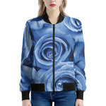 Bright Blue Rose Print Women's Bomber Jacket