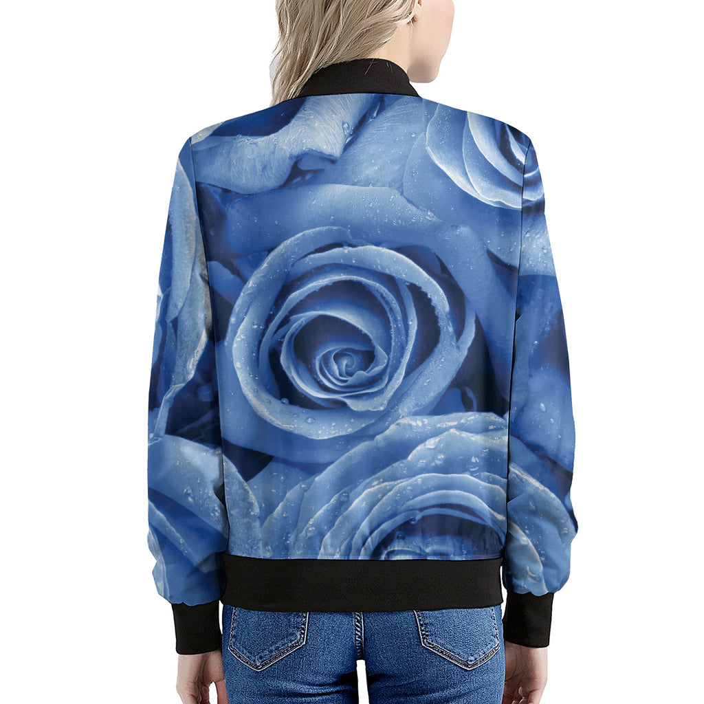 Bright Blue Rose Print Women's Bomber Jacket