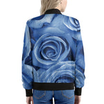 Bright Blue Rose Print Women's Bomber Jacket
