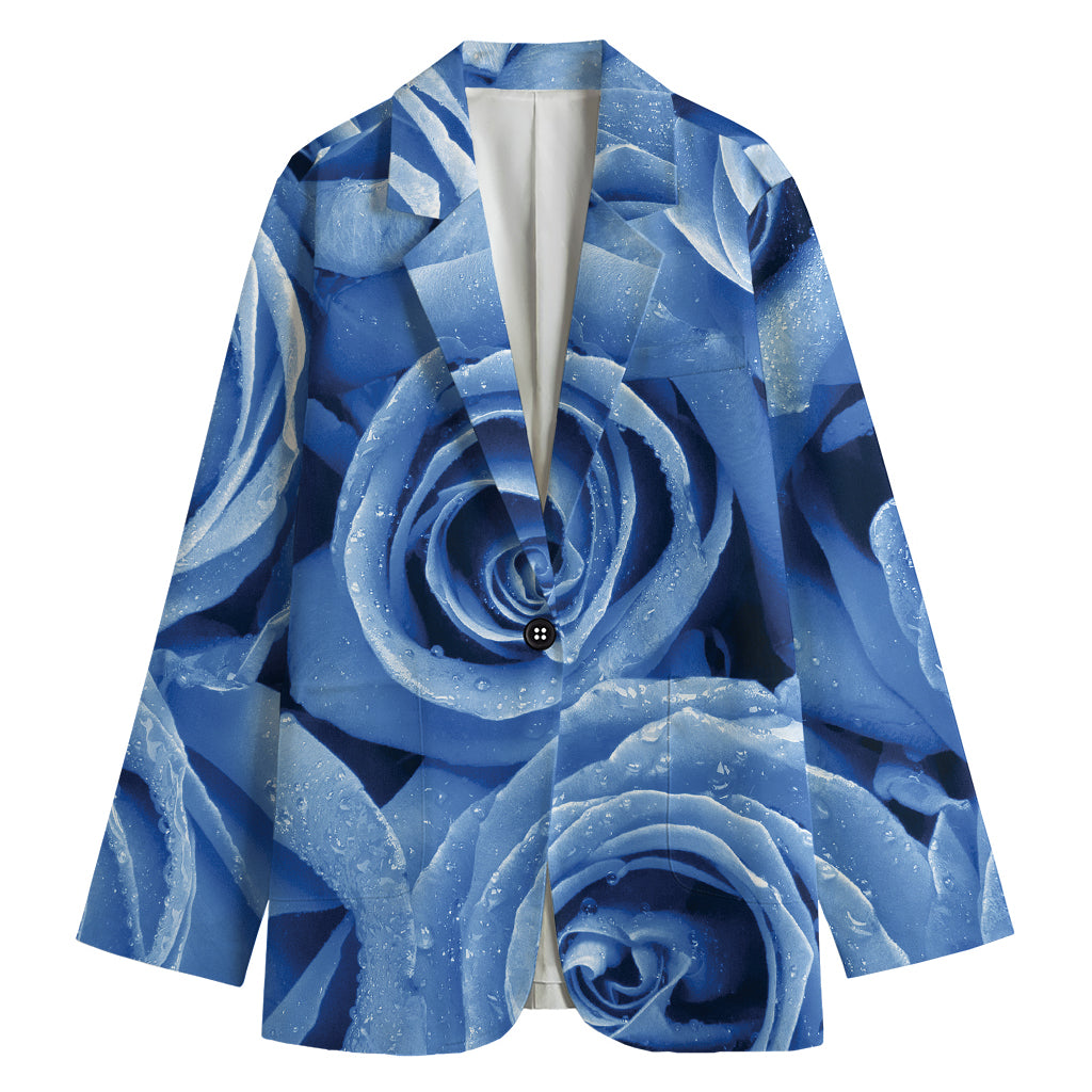 Bright Blue Rose Print Women's Cotton Blazer