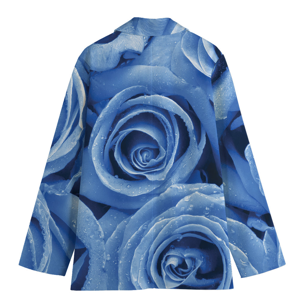 Bright Blue Rose Print Women's Cotton Blazer