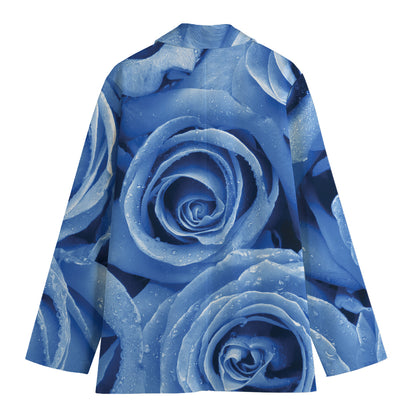 Bright Blue Rose Print Women's Cotton Blazer