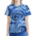Bright Blue Rose Print Women's Polo Shirt