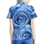 Bright Blue Rose Print Women's Polo Shirt