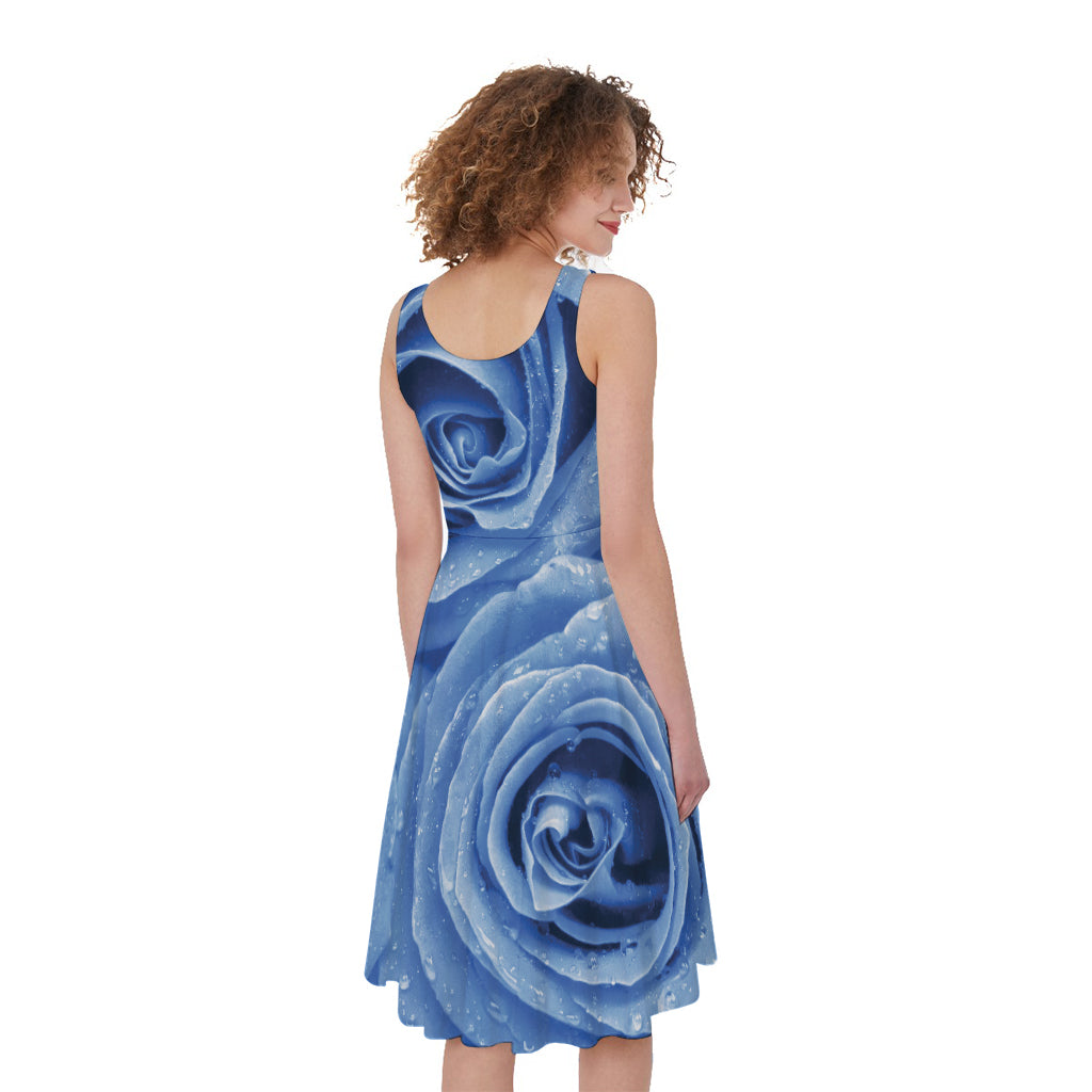 Bright Blue Rose Print Women's Sleeveless Dress