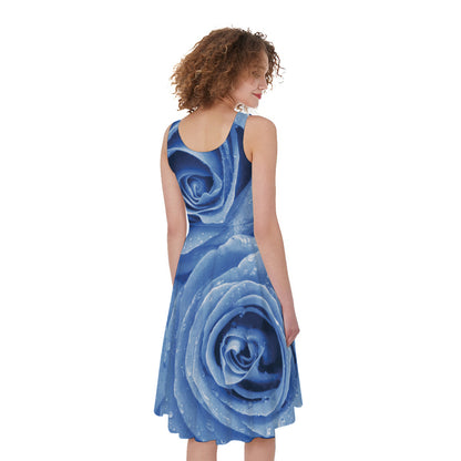 Bright Blue Rose Print Women's Sleeveless Dress