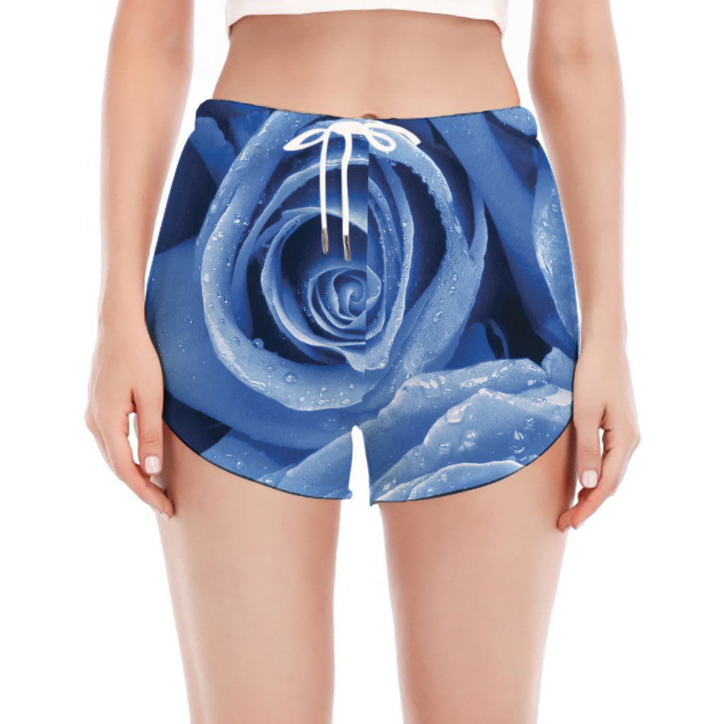 Bright Blue Rose Print Women's Split Running Shorts