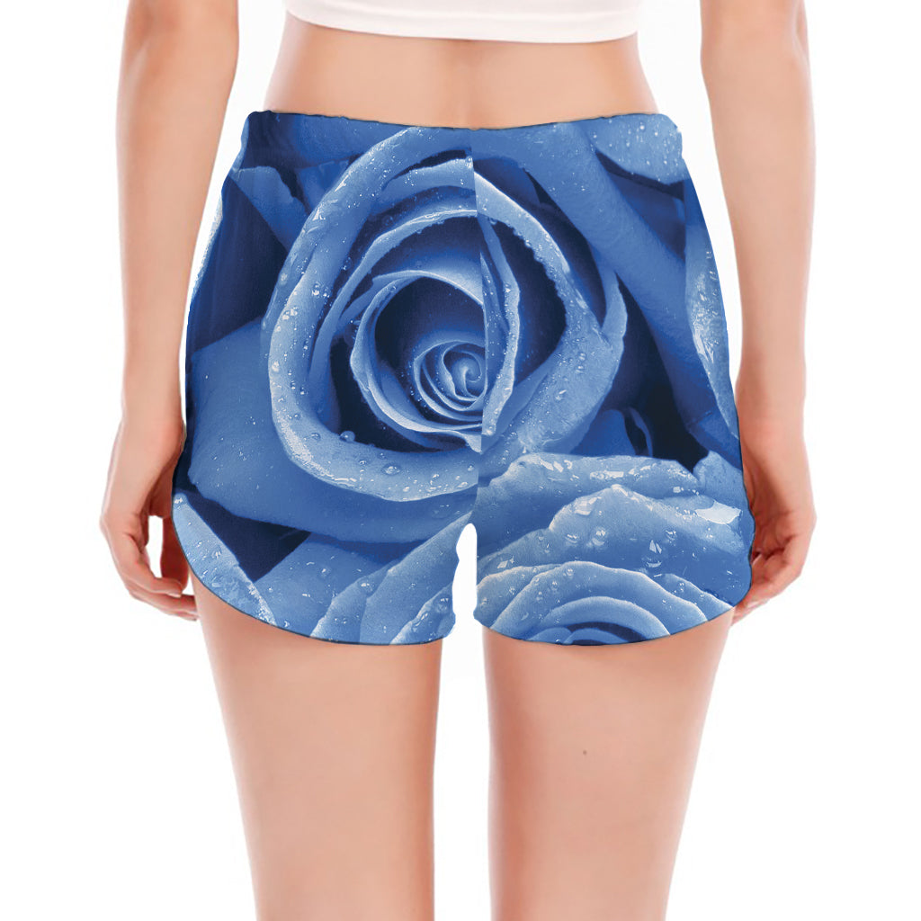 Bright Blue Rose Print Women's Split Running Shorts