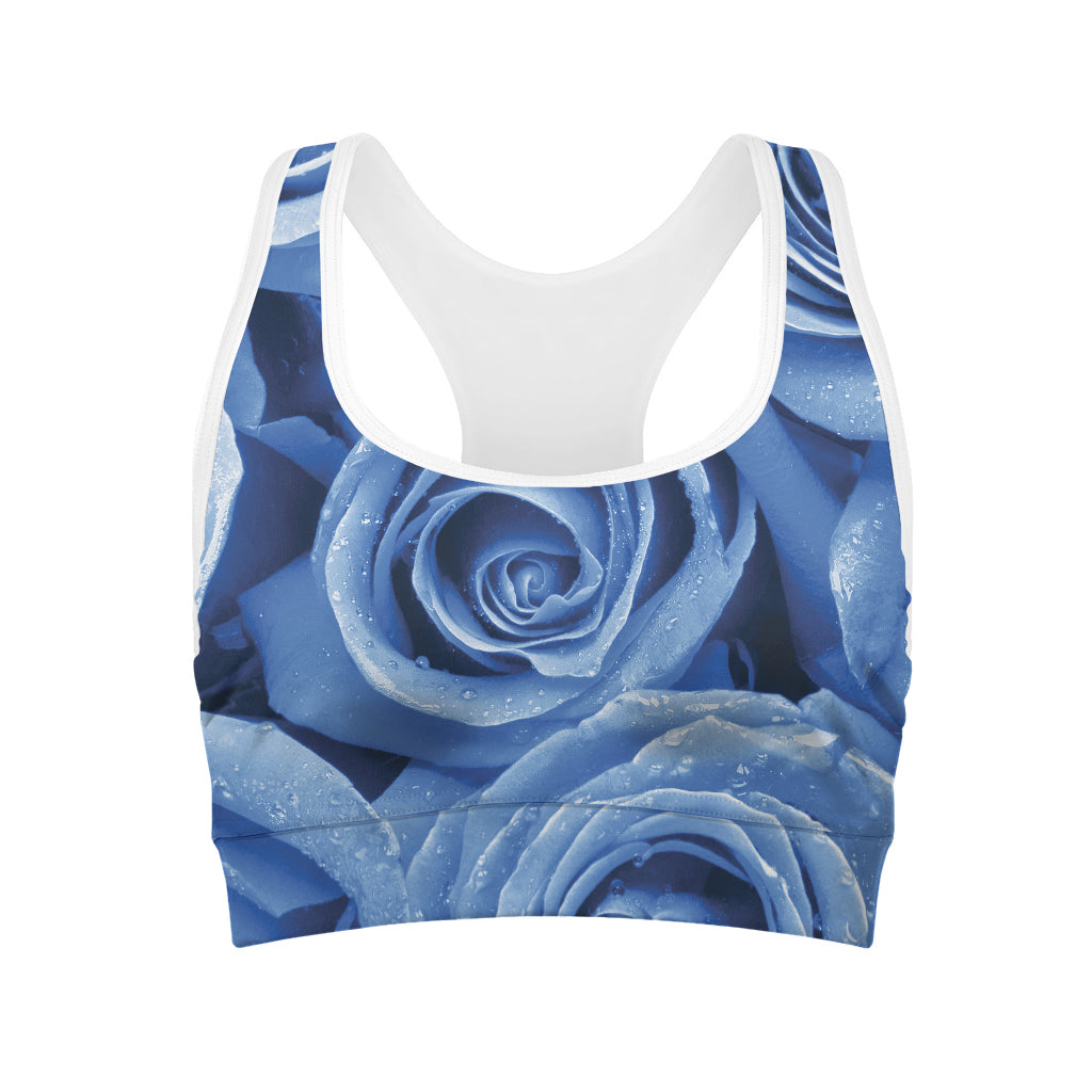 Bright Blue Rose Print Women's Sports Bra