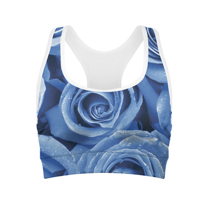 Bright Blue Rose Print Women's Sports Bra