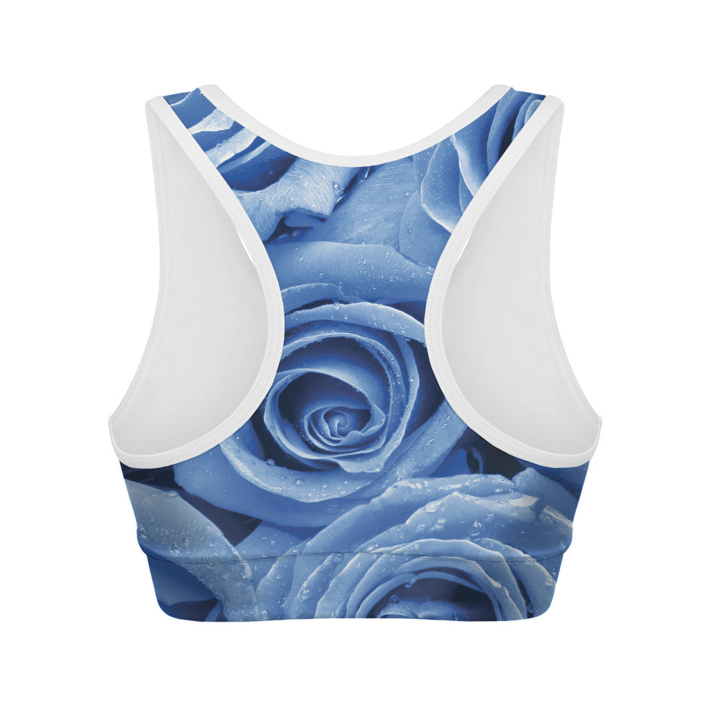 Bright Blue Rose Print Women's Sports Bra