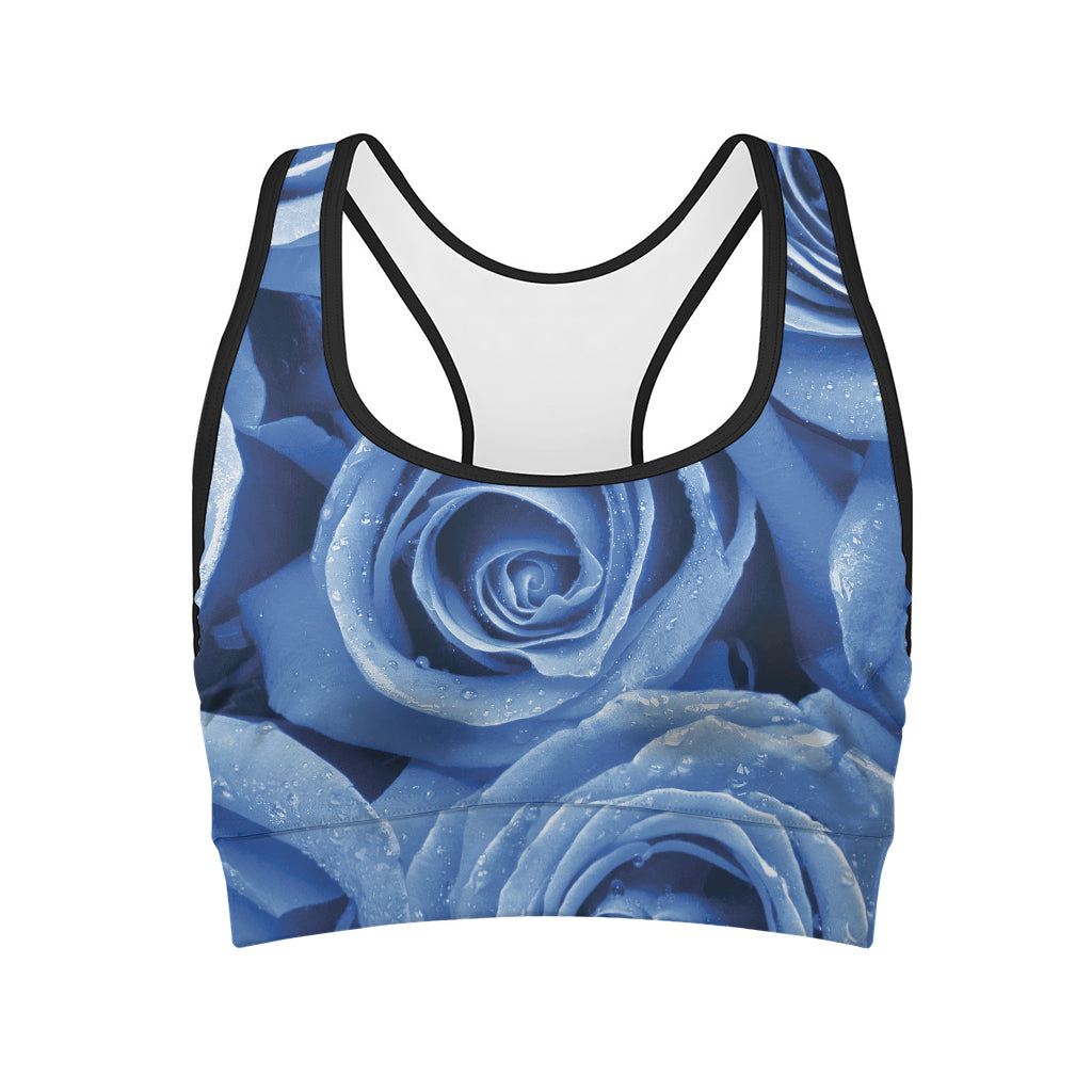 Bright Blue Rose Print Women's Sports Bra