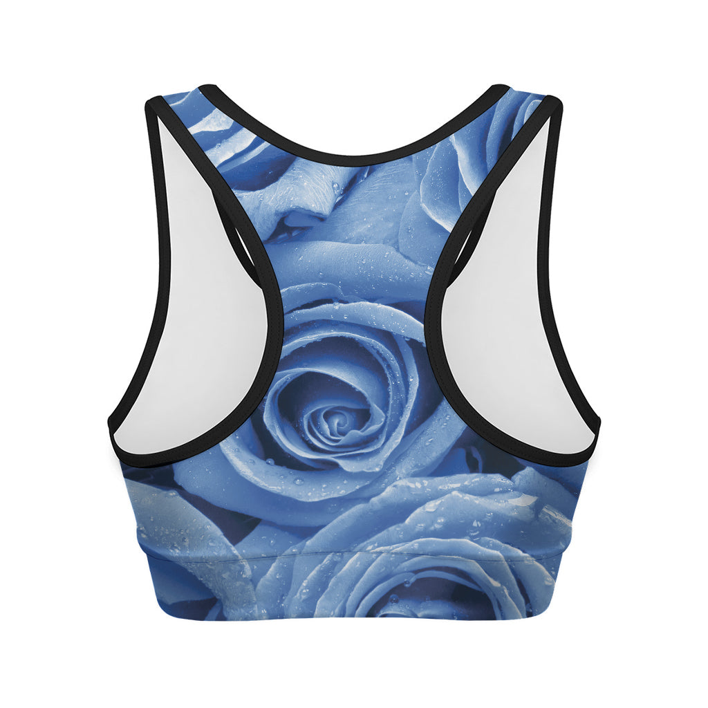 Bright Blue Rose Print Women's Sports Bra