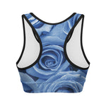 Bright Blue Rose Print Women's Sports Bra