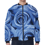 Bright Blue Rose Print Zip Sleeve Bomber Jacket
