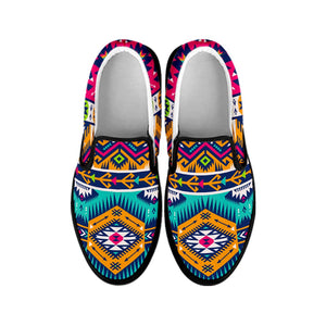 Bright Colors Aztec Pattern Print Black Slip On Sneakers