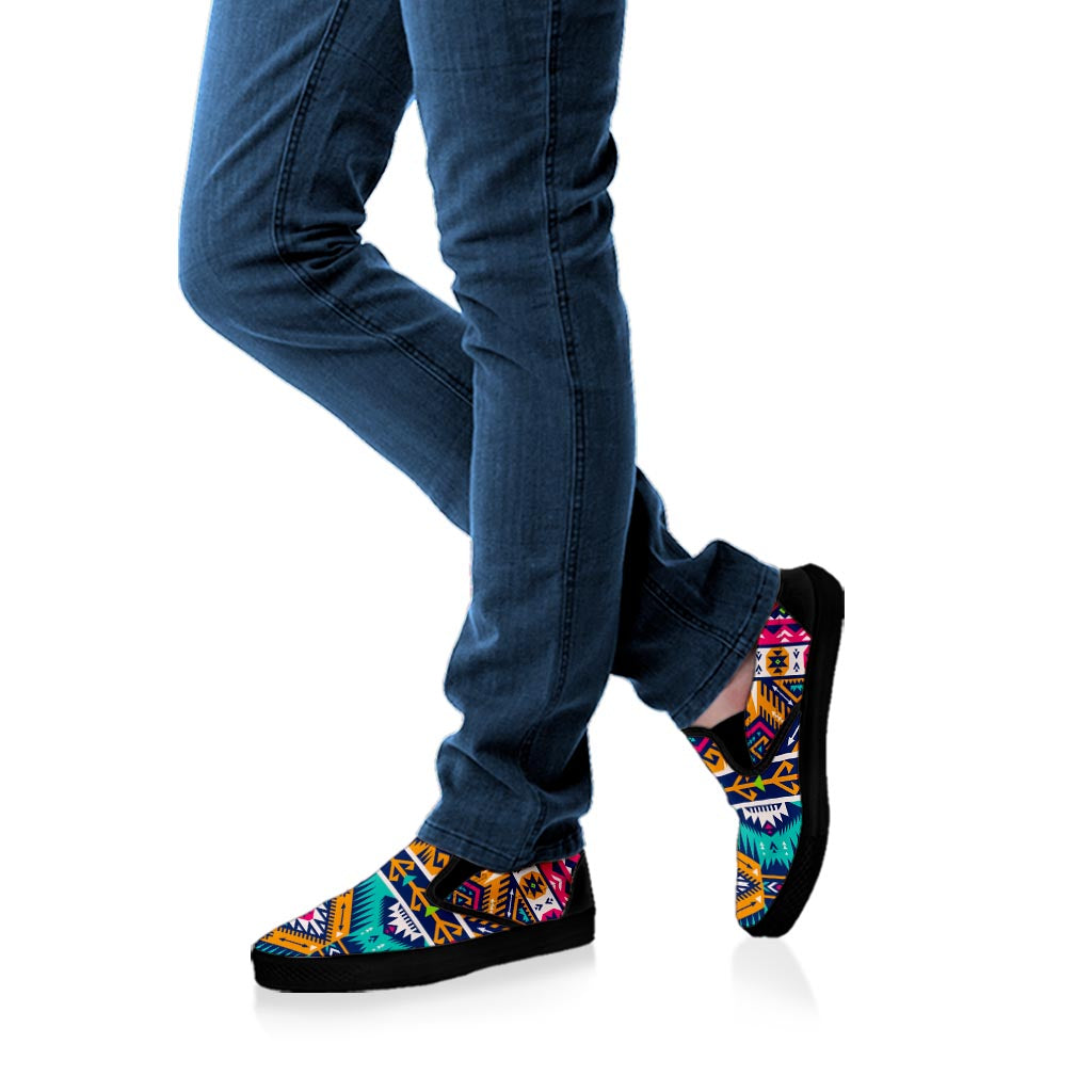 Bright Colors Aztec Pattern Print Black Slip On Sneakers