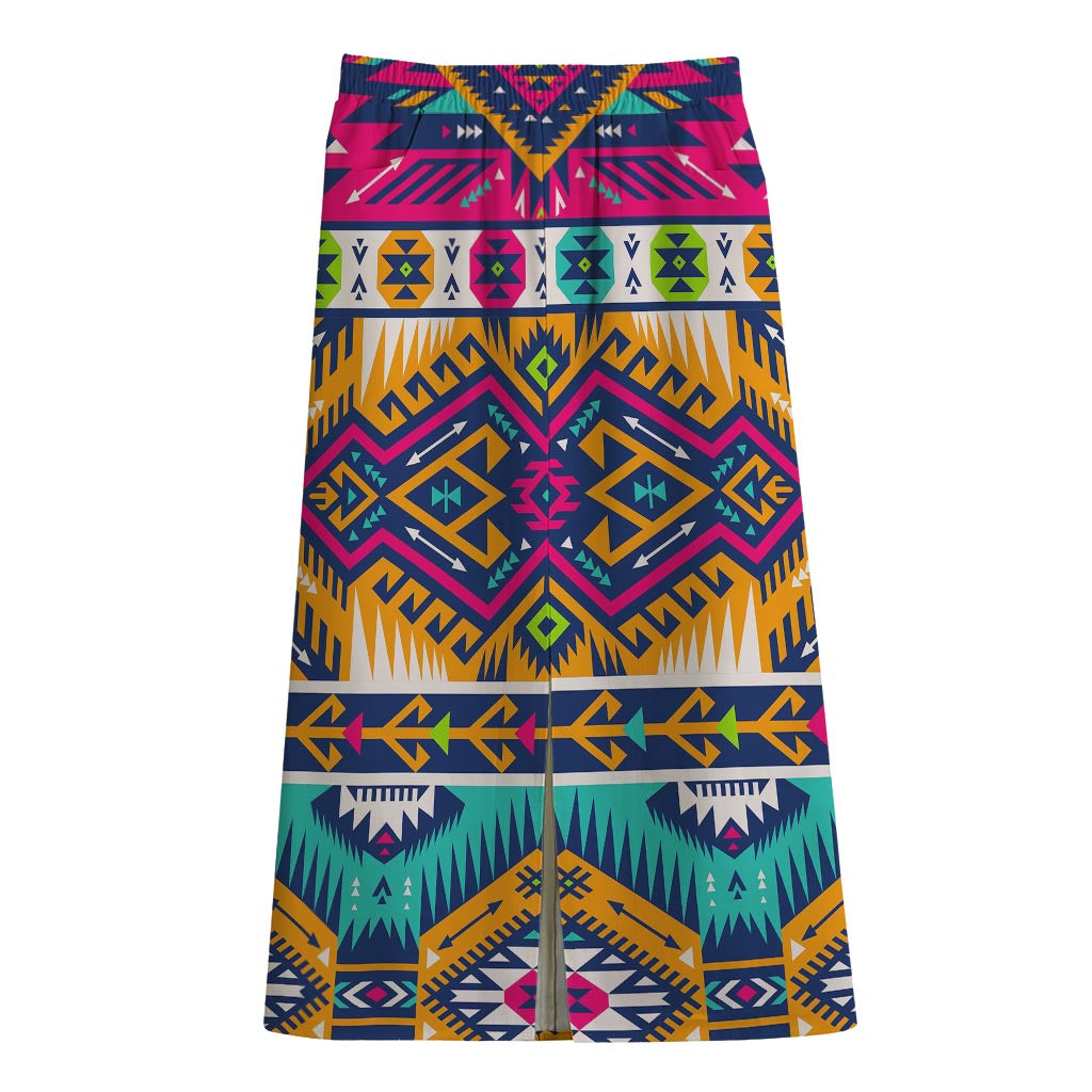 Bright Colors Aztec Pattern Print Cotton Front Slit Maxi Skirt