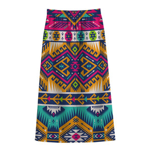 Bright Colors Aztec Pattern Print Cotton Front Slit Maxi Skirt