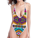 Bright Colors Aztec Pattern Print High Cut One Piece Swimsuit