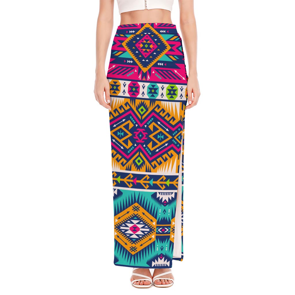 Bright Colors Aztec Pattern Print High Slit Maxi Skirt