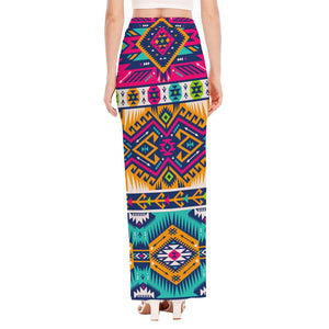 Bright Colors Aztec Pattern Print High Slit Maxi Skirt