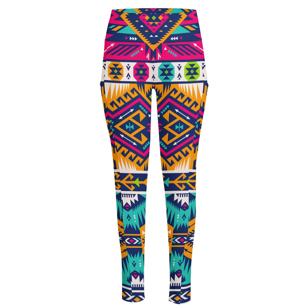 Bright Colors Aztec Pattern Print High-Waisted Pocket Leggings