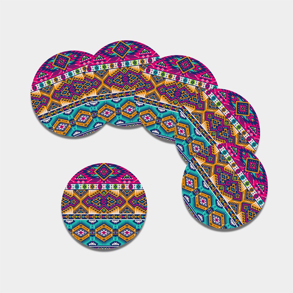 Bright Colors Aztec Pattern Print Leather Coaster Set
