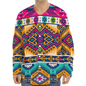 Bright Colors Aztec Pattern Print Long Sleeve Baseball Jersey