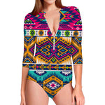 Bright Colors Aztec Pattern Print Long Sleeve Swimsuit