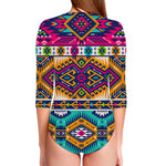 Bright Colors Aztec Pattern Print Long Sleeve Swimsuit