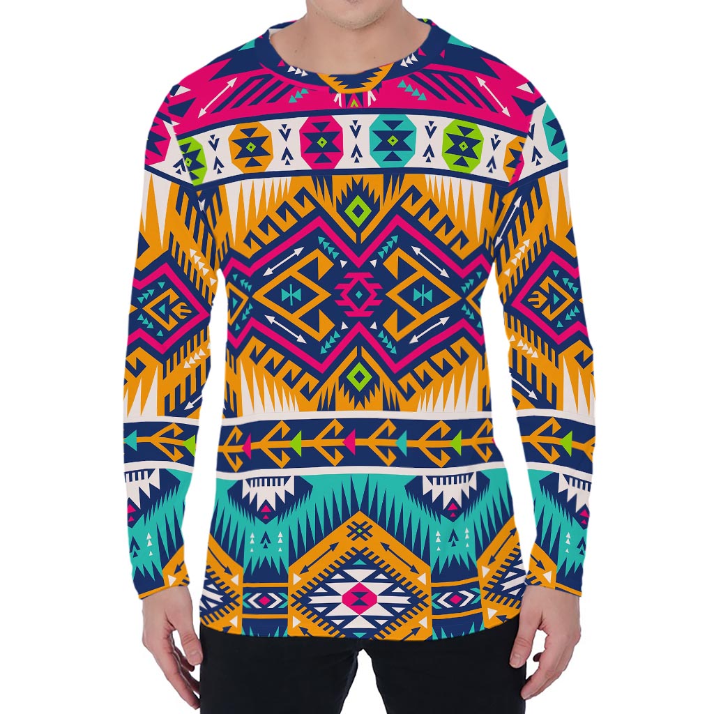 Bright Colors Aztec Pattern Print Men's Long Sleeve T-Shirt