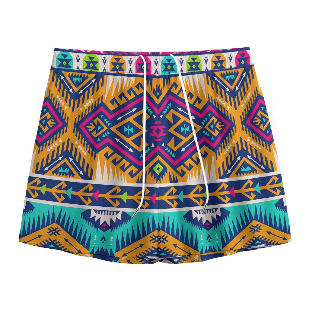Bright Colors Aztec Pattern Print Mesh Shorts