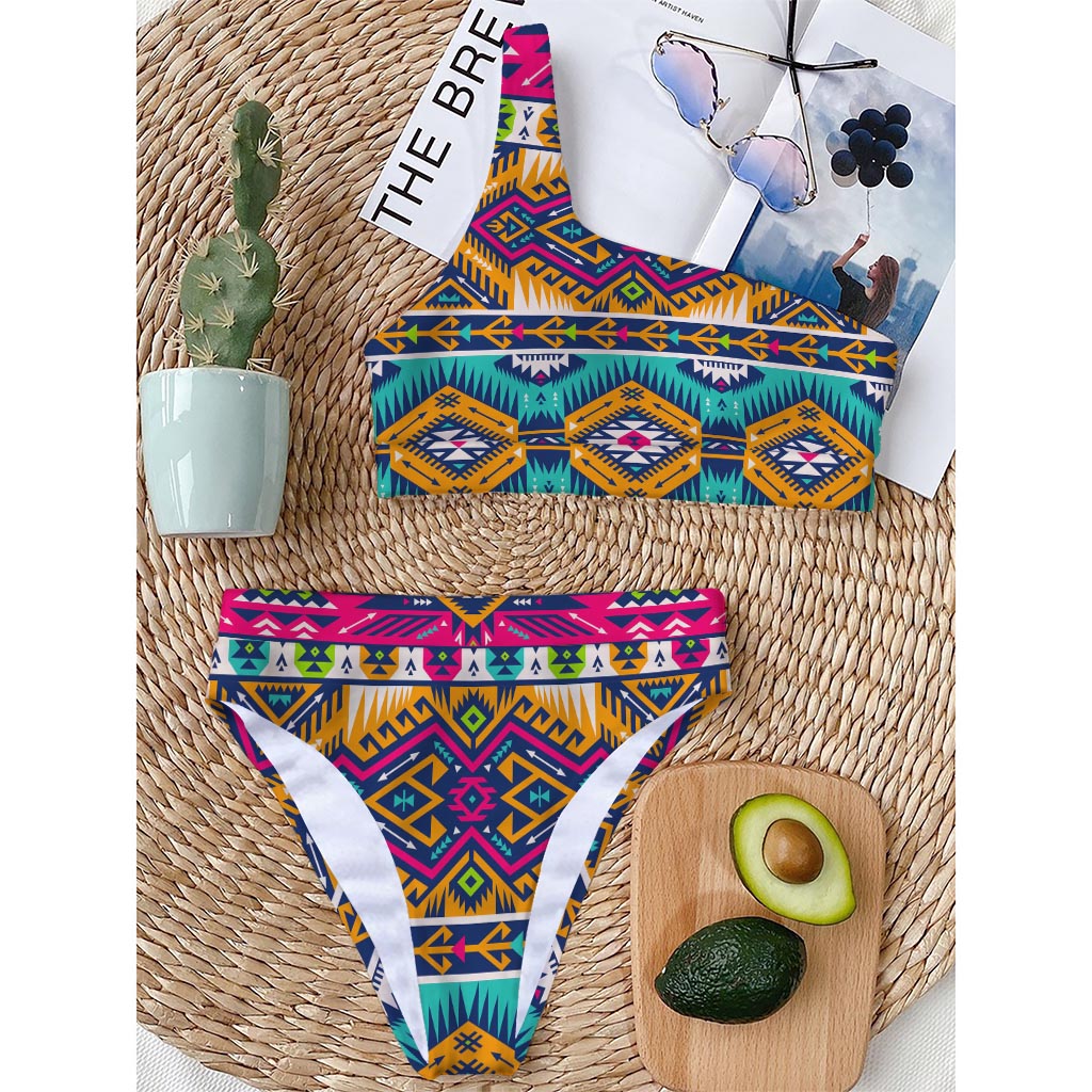 Bright Colors Aztec Pattern Print One Shoulder Bikini Top