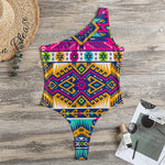 Bright Colors Aztec Pattern Print One Shoulder Bodysuit