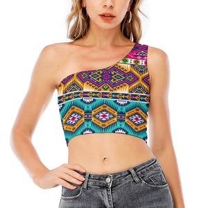 Bright Colors Aztec Pattern Print One Shoulder Crop Top