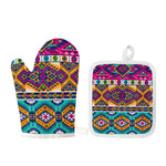 Bright Colors Aztec Pattern Print Oven Mitt And Pot Holder Set