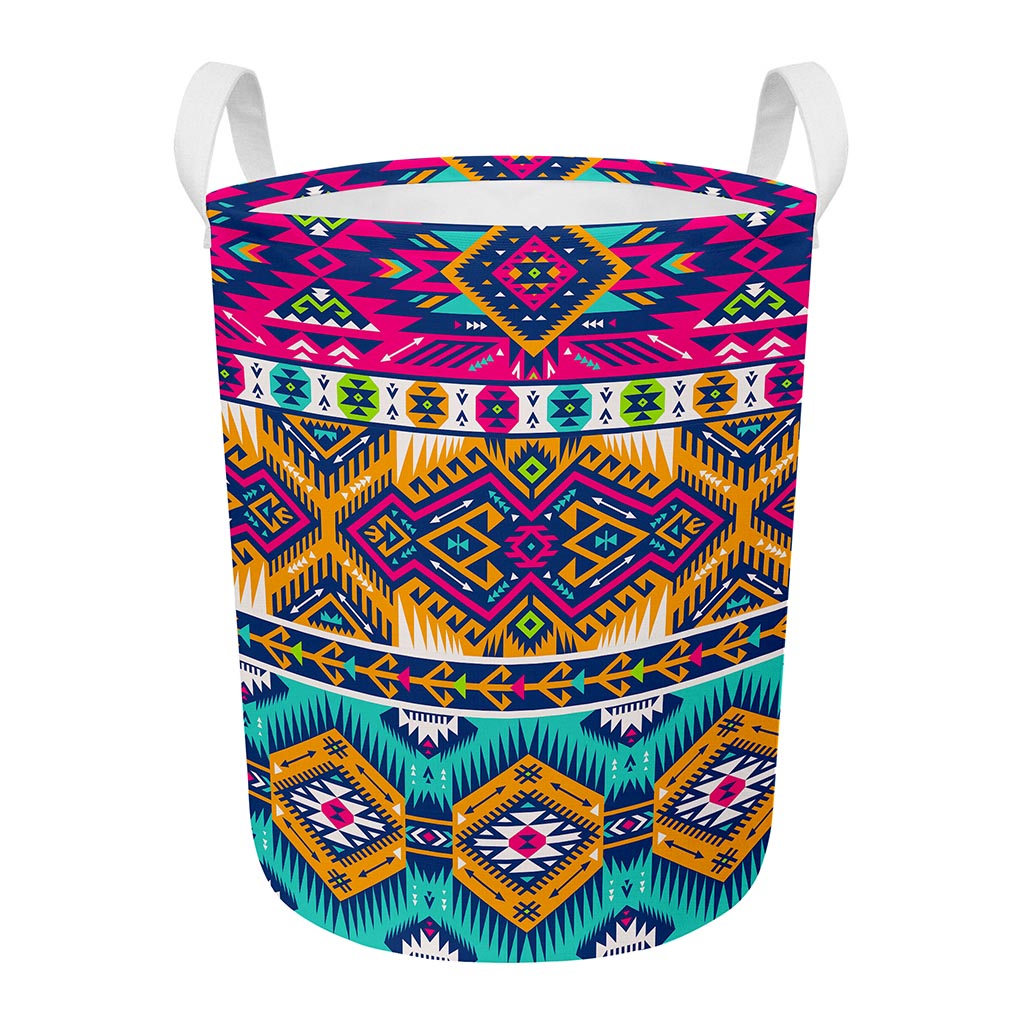 Bright Colors Aztec Pattern Print Round Laundry Basket