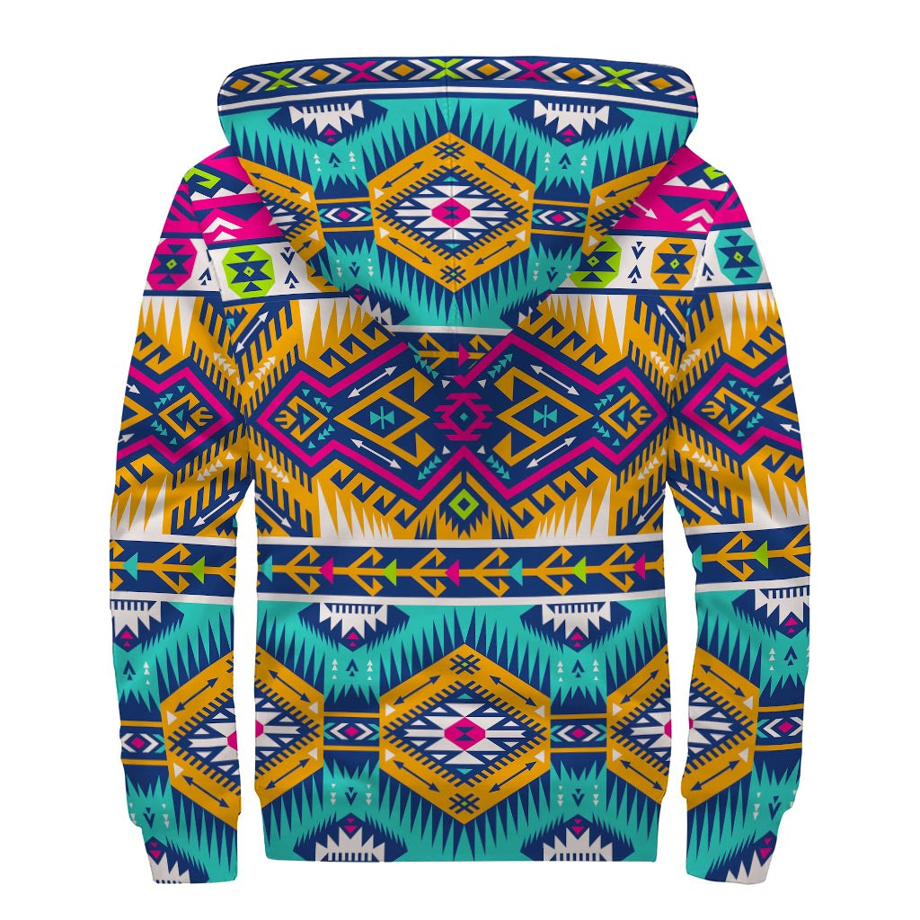 Bright Colors Aztec Pattern Print Sherpa Lined Zip Up Hoodie